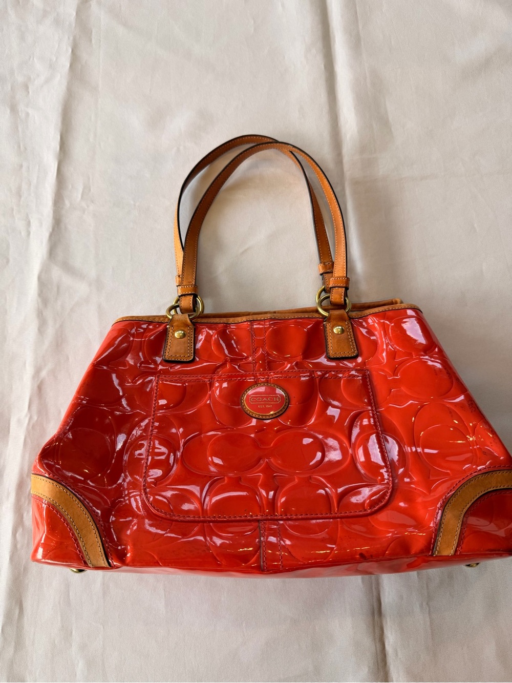 Coach Papaya Peyton Embossed Patent Leather Kisslock Orange Tote No F23722
